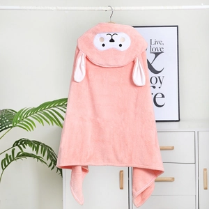 Pink rabbit hooded baby bath towel cape made of soft coral fleece for quick dry absorption