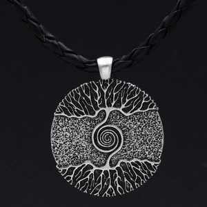 Silver Viking Tree of Life pendant with double-sided design on black leather cord
