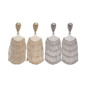 Metallic fan-shaped tiered tassel earrings in gold and silver finish with silver needle