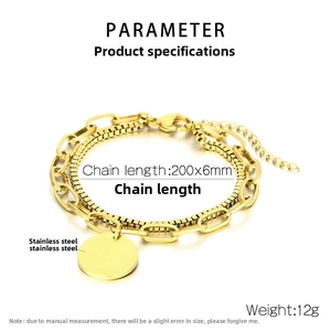 Detail view of double-layer gold stainless steel bracelet with sizing and 200x6mm specs