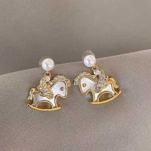 Rocking Horse Stud Earrings With Mother Of Artificial Pearl Zircon Artificial Pearl Gold Plated Alloy And Silver Earring Post Chic Jewelry