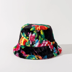 Close-up of fluffy black bucket hat featuring vibrant multi-colored floral plush texture