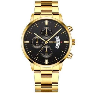 Men's business sport quartz watch with gold stainless steel band and black dial