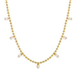 Gold stainless steel beaded chain necklace featuring seven rectangular white zircon stones