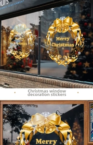 Close-up of golden Christmas window decals with Merry Christmas wreath and bell motifs