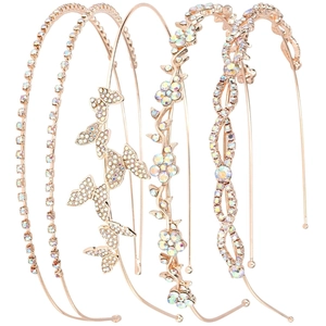 Detailed set of four golden bridal headbands featuring sparkling rhinestones and floral motifs
