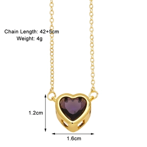 Detail view of purple heart pendant necklace with gold chain and size measurements