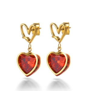 Elegant gold heart-shaped earrings featuring faceted red crystals on a clean white background