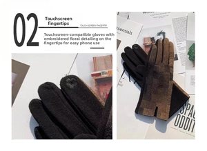 Close-up of winter touchscreen gloves with plaid pattern and flower embroidery on fingertips