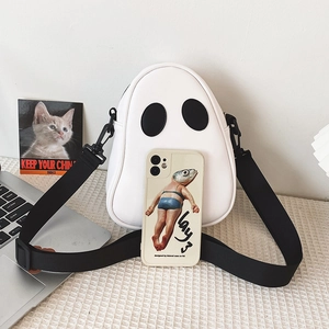 Ghost-shaped PU shoulder bag with black eyes paired with a creative graphic phone case
