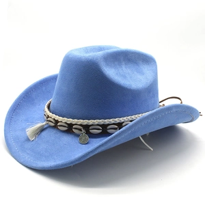 Detail of light blue suede cowboy hat with white fringe, shells and woven decorative band