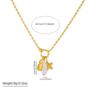 Gold stainless steel necklace featuring pineapple, shell and starfish pendants on bead chain