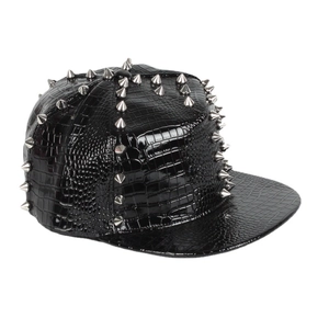 Punk style black faux crocodile leather baseball cap with silver metal cone studs