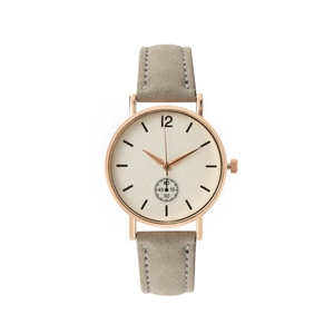 Minimalist quartz watch with cream matte dial, rose gold case, and grey suede leather strap