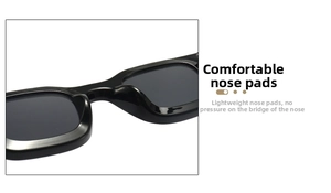 Detail view of integrated comfortable nose pads on black square PC sunglasses