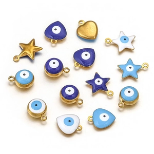 Stainless steel evil eye enamel pendants in heart, star, and round shapes with gold finish