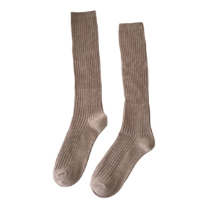 Brown knitted ribbed knee-high socks with vintage American aesthetic on white background