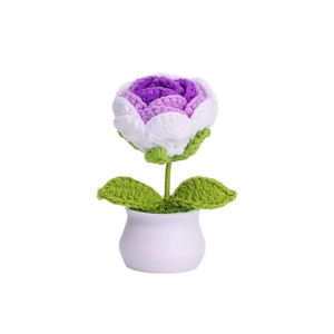 Handmade crochet purple and white rose potted plant in white ceramic flower pot