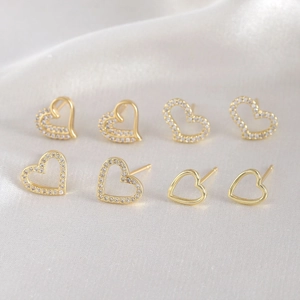 Heart Stud Earrings Gold Plated Copper Zircon Jewelry Women With 925 Sterling Silver Earring Post Elegant Minimalist