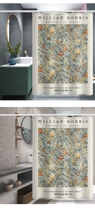 Macro detail of William Morris floral shower curtain showing fabric drape and hook rings