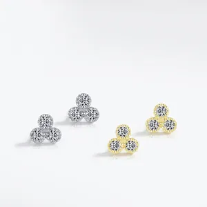 Sparkling S925 sterling silver and gold triangular triple-zircon stud earrings for women