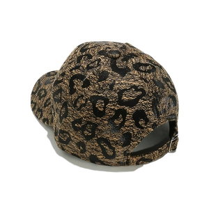 Detail of leopard print baseball cap with metallic fabric and silver metal back buckle