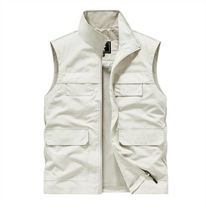 Detail of multi-pocket outdoor vest featuring stand collar and breathable mesh lining