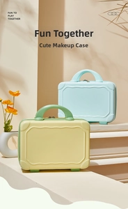 Detail view of 14-inch hard shell cosmetic cases with handle in macaron pastel colors