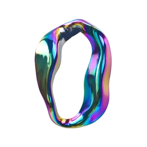 Macro shot of oval 304 stainless steel pendant with vibrant rainbow iridescent finish