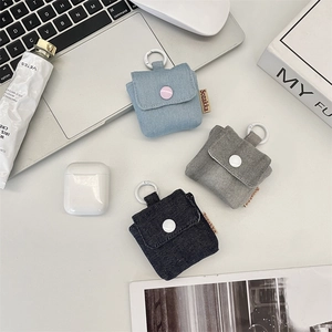 Mini denim earphone storage bags in blue and black with secure snap and hooks