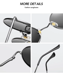Detail of metal hinges and adjustable silicone nose pads on round polarising sunglasses