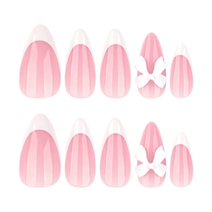 Unghie a mandorla rosa con punte French bianche e fiocchi 3D in set da 10 pezzi