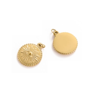 Golden round evil eye sunburst pendant showing front embossed detail and smooth back
