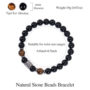 Bracciale elastico da uomo con perline di occhio di tigre e ossidiana naturale da 8 mm