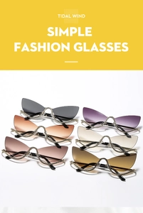 Detail view of cat eye sunglasses with rhinestone wave frames and gradient colored lenses