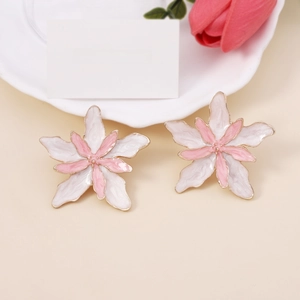 Elegant layered pink and white enamel flower earrings with gold plating for women
