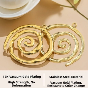 Close-up of 18K gold plated stainless steel spiral charms with hammered and striped textures