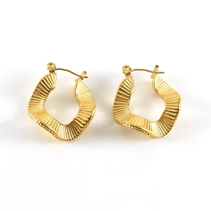 Bohemian gold stainless steel hoop earrings with pleated texture and irregular wavy design