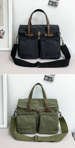 Detail view of large canvas messenger bags in black and olive with multi-pocket design