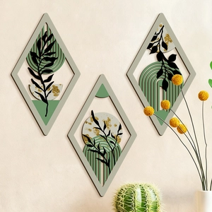 Bohemian Wood Wall Art Decor Rhombus Geometric Plant Leaf Prints Modern Minimalist Hanging For Living Room Bedroom Office