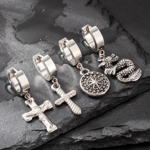 Stainless Steel Hoop Dangle Earrings Cross Dragon Serpent Octagram Star Pendant Punk Hip Hop Vintage Jewelry For Men