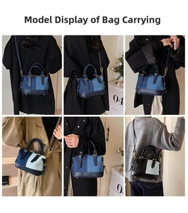 Detail of patchwork denim crossbody bag with gold hardware and removable shoulder strap