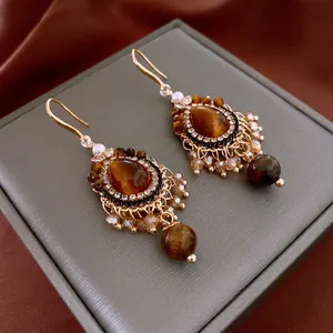 Boucles D'oreilles Pendantes En Oeil De Tigre Avec Strass En Zircon Et Künstliche Perles D'imitation Style Rétro Pour Femmes