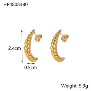 Detailed view of golden twisted horn hoop earrings with specific size and weight labels