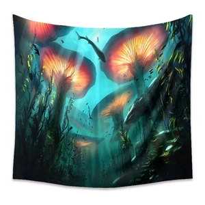 Detail of bohemian mushroom tapestry with glowing jellyfish and vibrant sea life