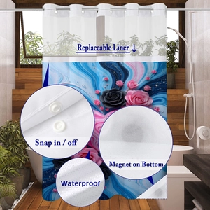 Detail of waterproof shower curtain with snap-on liner and magnetic weighted hem