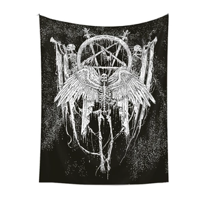 Black gothic tapestry featuring a winged skull, inverted pentagram, and Angel of Death text