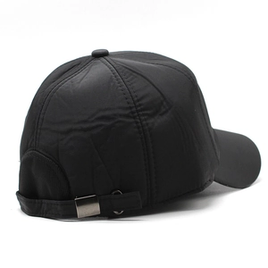 Black men's winter baseball cap with ear protection and adjustable metal buckle strap