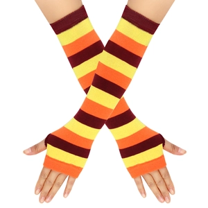 Close-up of knit arm warmers featuring red, yellow, and orange striped pattern and fingerless cut