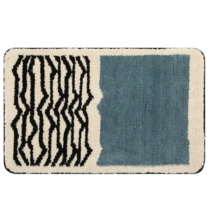 Minimalist absorbent bathroom mat with beige wavy patterns and blue-grey color blocking